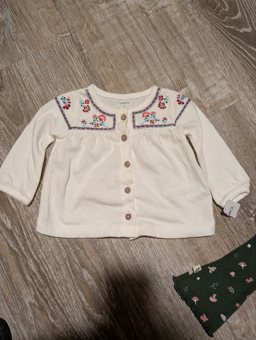 NEW Baby Boho White Embroidered Cardigan & Green Mushroom Flare Pants Size 6 Mo